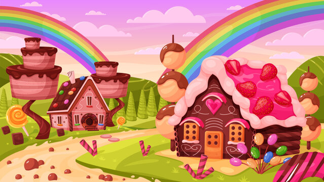 Cute candy land vector illustration. Cartoon fairy tale confectionery background, fantasy candy landscape with rainbow and clouds in sky, sweet chocolate plants and gingerbread houses near milk river