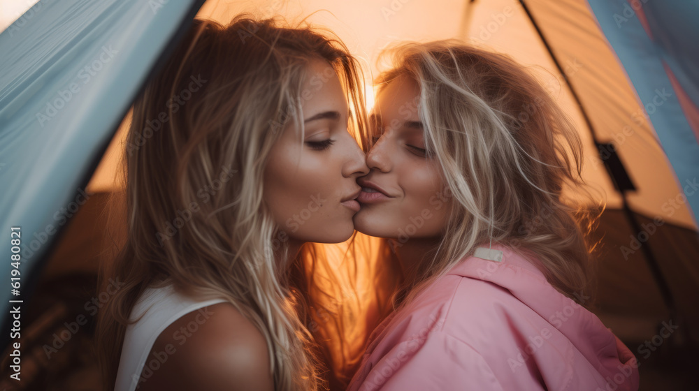 Wall mural Two cute nordic blond lesbian girls kissing in a tent on the beach with sunset light in background