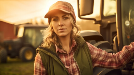 Portrait of a tough female farmer in front of a tractor in a field