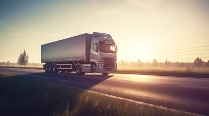 Fototapeten delivery cargo trucks driving in motion on highway road in country field and sunset landscape concept of  lorry logistic freight transportation business. generative ai © annaspoka