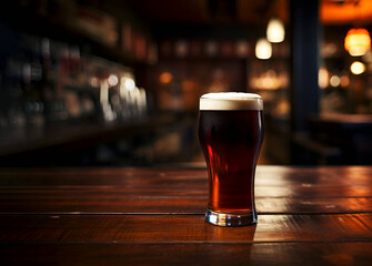 A glass of dark beer on the bar. AI generation - obrazy, fototapety, plakaty