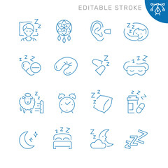 Vector line set of icons related with sleep. Contains monochrome icons like sleep, dream, bed, moon, pillow, alarm and more. Simple outline sign. Editable stroke.