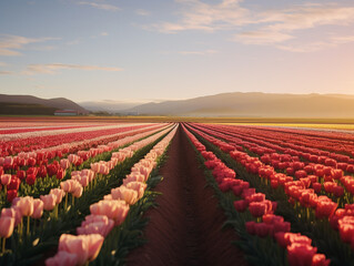 A wide tulip field filled with tulips to be harvested. The weather is clear and fine. Tulip flowers flourish.