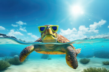 turtle swimming in the sea wearing sunglasses