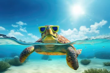 Tuinposter turtle swimming in the sea wearing sunglasses © Charlie