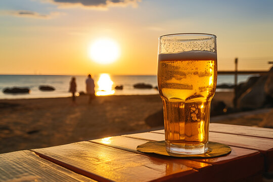 A glass of light beer with foam and bubbles on the sea beach at sunset. AI generation