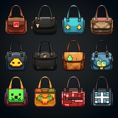 set of pixel bags and backpack for game generative ai 