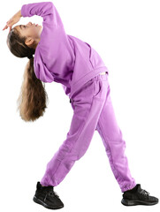 Dancing female standing in colourful neon studio light.