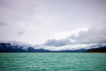 Naklejka premium Landscape from Thailand, Khao Sok National Park, on a rainy day.
