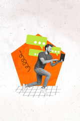 Collage artwork picture of funky guy texting emails iphone samsung apple device isolated white...