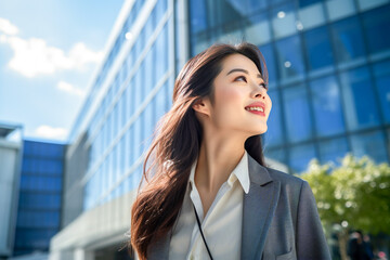 オフィス街の笑顔の女性（AI生成）
