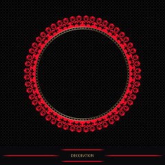 Round frame on black background, workpiece for your design. Decorative asian ornamental elements and motifs of Kazakh, Kyrgyz, Uzbek, national Asian decor for round plate, textile and print design. 