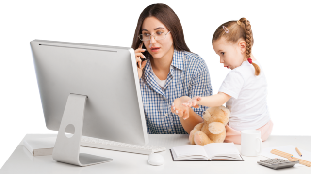Beautiful young mother working for computer it home with little spoiled child . Mom or teacher and little girl child learn it home.