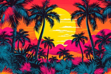 Fototapeta na wymiar Tropical painted background in vibrant colors with palm trees. Stylized abstract picture. AI generation