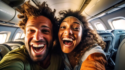 Excited couple, mid-flight, snap a joyous selfie, their glowing smiles echoing the anticipation of their awaited summer vacation. Generative AI