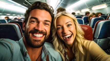 Fototapeta na wymiar Excited couple, mid-flight, snap a joyous selfie, their glowing smiles echoing the anticipation of their awaited summer vacation. Generative AI
