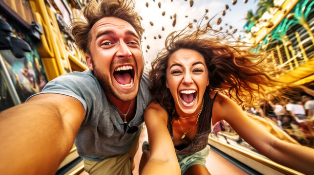 Excited couple, mid-flight, snap a joyous selfie, their glowing smiles echoing the anticipation of their awaited summer vacation. Generative AI