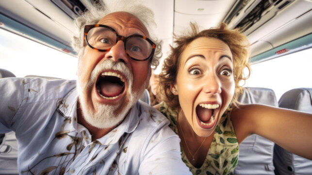 Excited couple, mid-flight, snap a joyous selfie, their glowing smiles echoing the anticipation of their awaited summer vacation. Generative AI