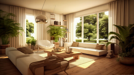3D render Nature's Haven- A Serene Fusion of Living Room and Garden relax view for Tranquility and Harmonious Connection interior design