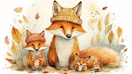 Cute  father fox with a baby fox with autumn leaves. Generative AI