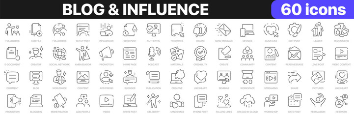 Blog and influence line icons collection. Social media, followers, publication, post icons. UI icon set. Thin outline icons pack. Vector illustration EPS10