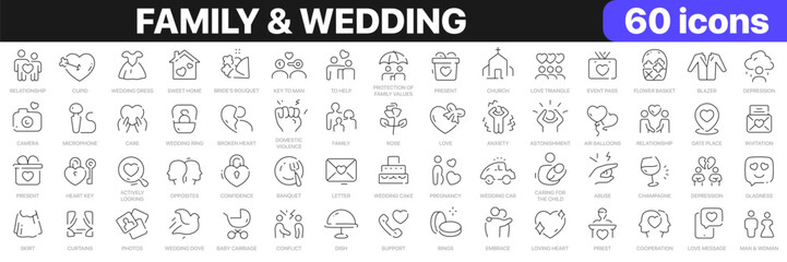 Family and wedding line icons collection. Relationship, church, home, conflict icons. UI icon set. Thin outline icons pack. Vector illustration EPS10