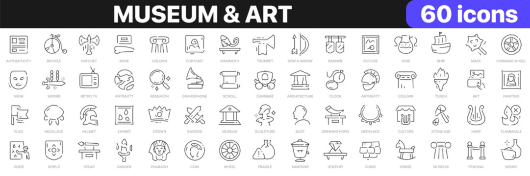 Museum and art line icons collection. Swords, antiquity, vase, culture, column icons. UI icon set. Thin outline icons pack. Vector illustration EPS10