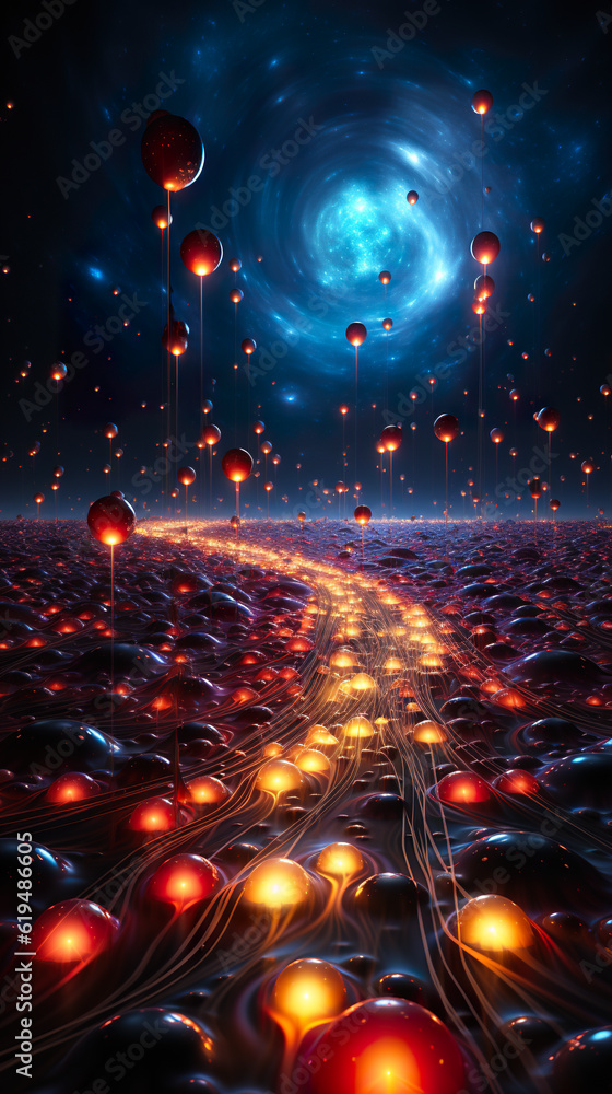 Poster a group of spheres floating in the air. generative ai.