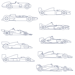 Fototapete F1 Set of 10 Formula 1 cars as silhouettes, 1950s - 2020s. F1 Race Car Vector Graphic Template