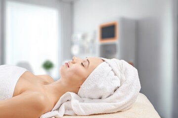 Fototapeta na wymiar Beautiful young Woman Enjoying Massage In Salon, AI generated image