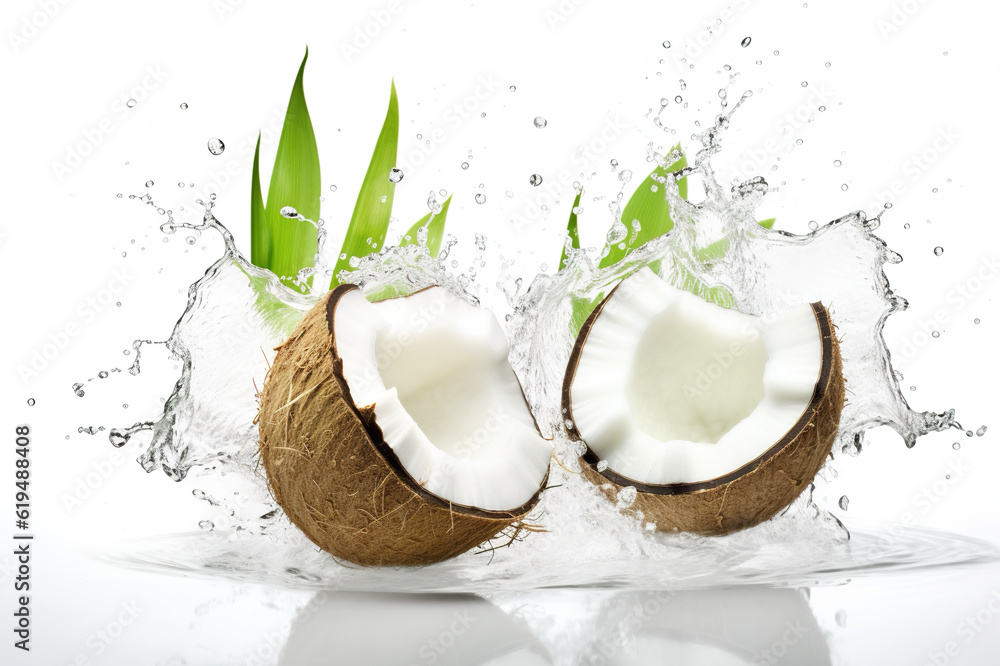 Poster two coconuts with water splashing out of them. generative ai. isolated on white background.