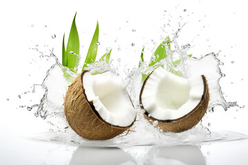 Two coconuts with water splashing out of them. Generative AI. Isolated on white background. - obrazy, fototapety, plakaty