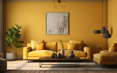 Fototapeta na wymiar Modern living room interior with yellow sofa, Generative AI