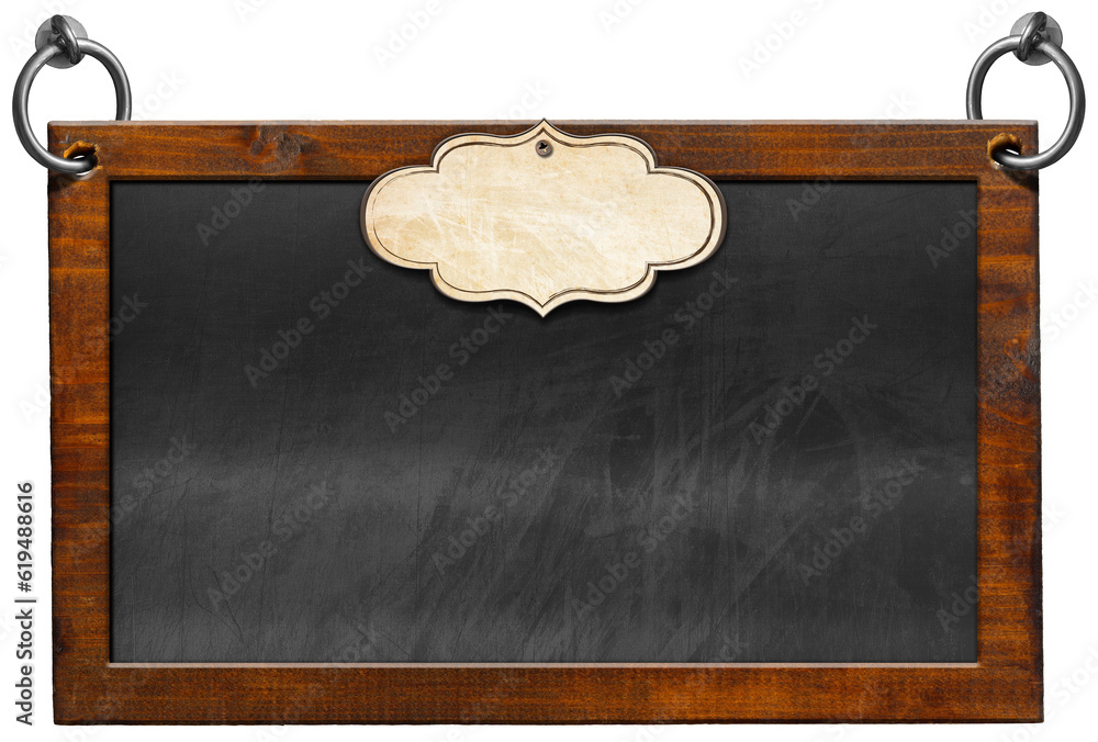Aufkleber old blank blackboard with wooden rectangular frame and empty label. steel rings for hanging. isolate