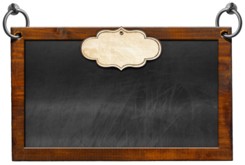 Old blank blackboard with wooden rectangular frame and empty label. Steel rings for hanging. Isolated on white or transparent background and copy space, template. Png.
