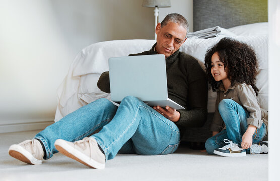 Grandfather, Bedroom And Family Child With Laptop For Subscription Movie, Online Gaming Or Search Web For Kid. Home Bond, Computer And Elderly Man Babysitting Grandchild, Watch Media Or Network Video