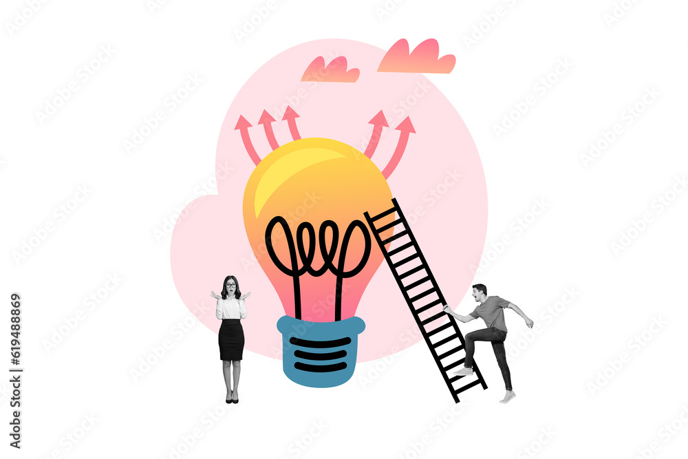 Poster Image minimal artwork pop 3d retro collage of surprised shocked excellent idea decision project progress isolated on drawing background