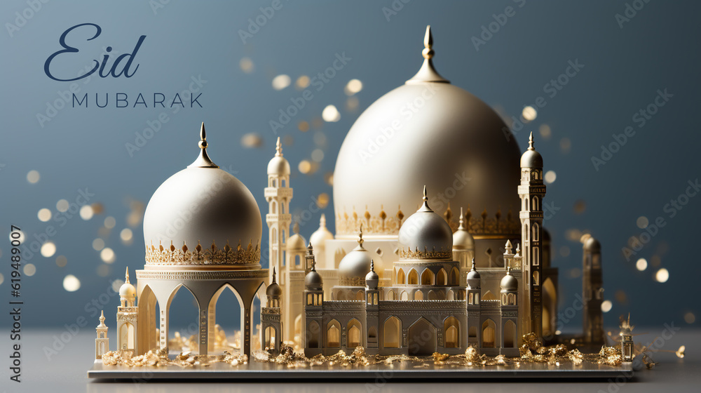 Poster a model of a building with a dome on top of it. generative ai. eid mubarak.