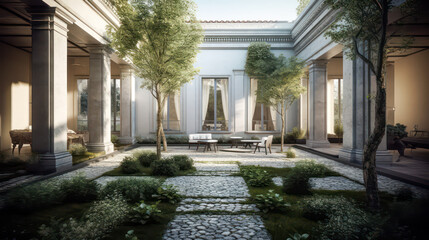 3D render roman style, Home and Garden Embracing the Timeless Elegance and Tranquility, Creating a Harmonious Fusion of Indoor and Outdoor Spaces