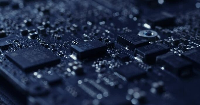Electronic chip component on the blue printed pcb. Concept of computer hardware and digital computing of big data. Integrated circuit board with processor close up.