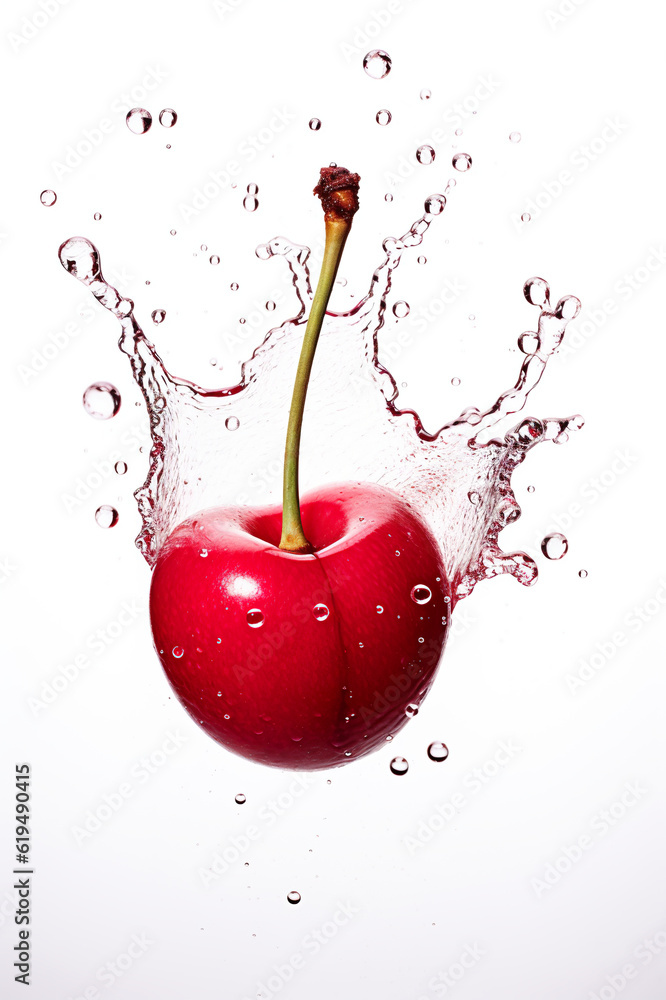 Poster a red cherry with water splashes around it. generative ai.