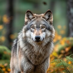 Naklejka na ściany i meble Gray wolf roaming within the woods