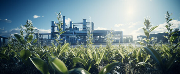 Industrial landscape with a large plant on the background of blue sky