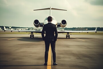 A businessman in black suit standing in front of private jet. Rich man standing in front of private planel.  - obrazy, fototapety, plakaty