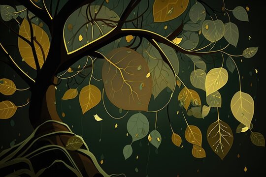 Illustrazione, Stile fumetto, Cartone animato, Sfondo, Albero, Pioggia, Foglie, Autunno. Pioggia su ramo di albero con foglie cadenti in primo piano stile fiabesco cartone animato. Generative AI