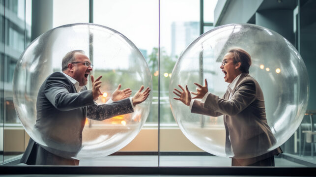 person and bubbles, 2 people in glass sphere yelling at each other, generative ai
