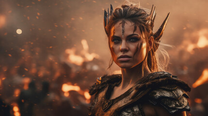 portrait of a person on battlefield, a beautiful woman warrior after battle, generative ai