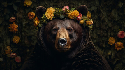 black bear in the woods,  a black bear wearing flower wreath on his head, generative ai