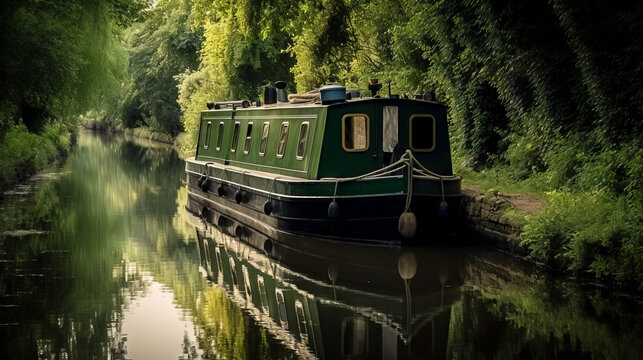 boat on the river, a green boat on a canal, generative ai