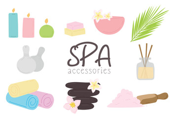 Spa accessories illustration set. Spa atributs on white background. Spa stones, palm leaf, towels, bath salt isolated on white background